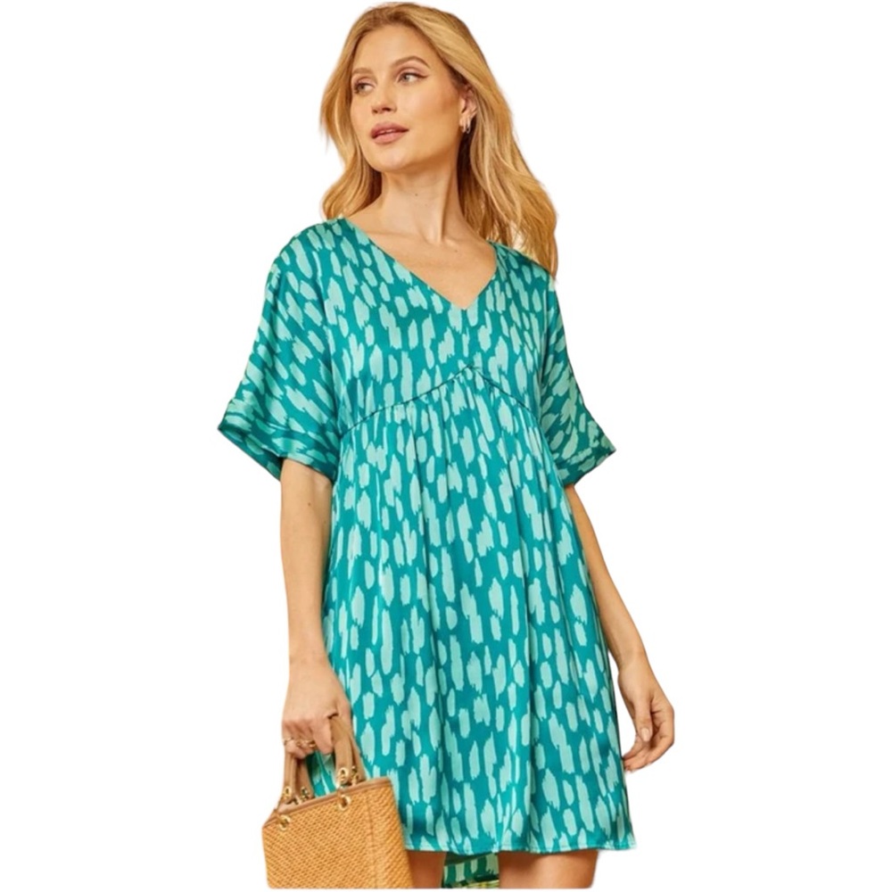 Emily Wonder Women's Small Oversized V Neck Short Sleeve Mini Dress Green Blue